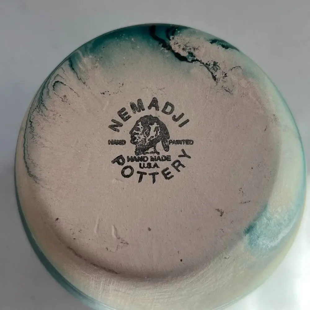 Nemadji Vase Pottery 6.5 x 5 in Round Ivory & Blue Swirl Hand Painted